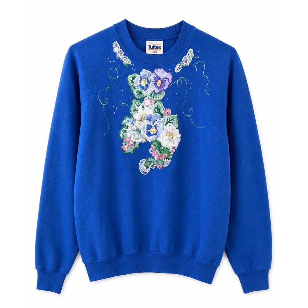 VTG Tultex Floral Hand Painted Sweatshirt Crewneck Womens Large 90s Cottagecore